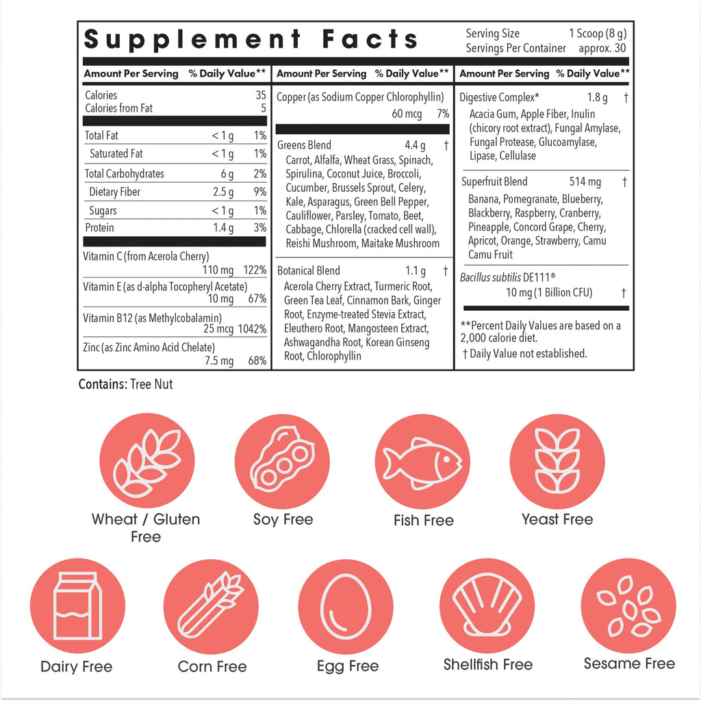 Allergy Research Group Super Greens – 8.45 oz Superfood Powder with Spirulina, Chlorella, Oat Grass & DE111 Probiotic
