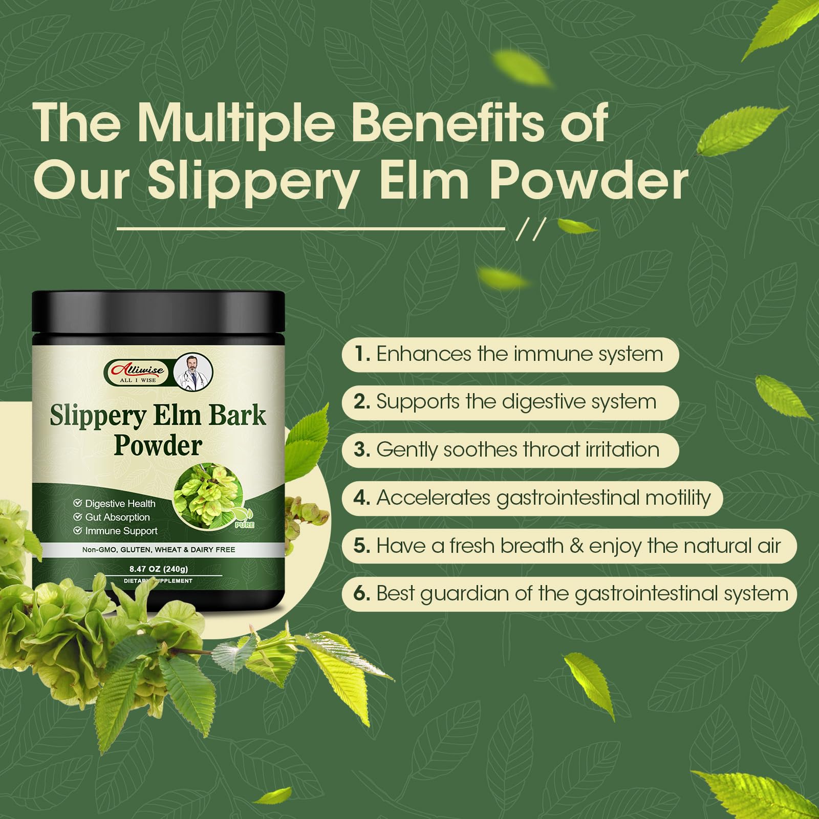 Alliwise Slippery Elm Bark Powder 240g | Digestive Support, Throat Soothing, Non-GMO, Gluten Free, Vegetarian Friendly
