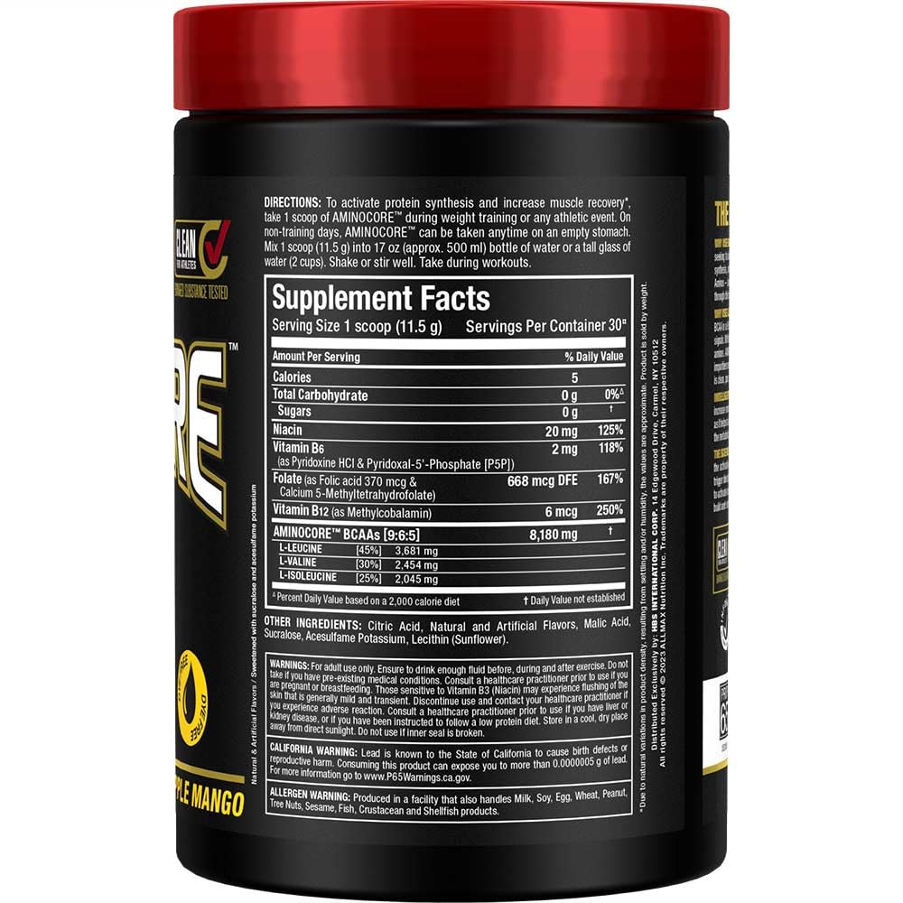 ALLMAX Nutrition AMINOCORE BCAA Powder – 8,180 mg BCAAs per Serving, Pineapple Mango, 315 g | Intra & Post-Workout Recovery