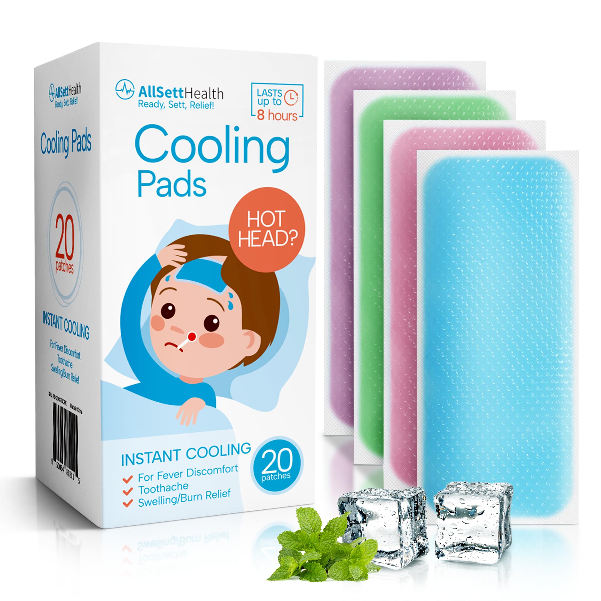 AllSett Health Cooling Patches for Kids – Minty Fever Patches (20 Pack) | Gentle, Non-Toxic, On-The-Go Relief