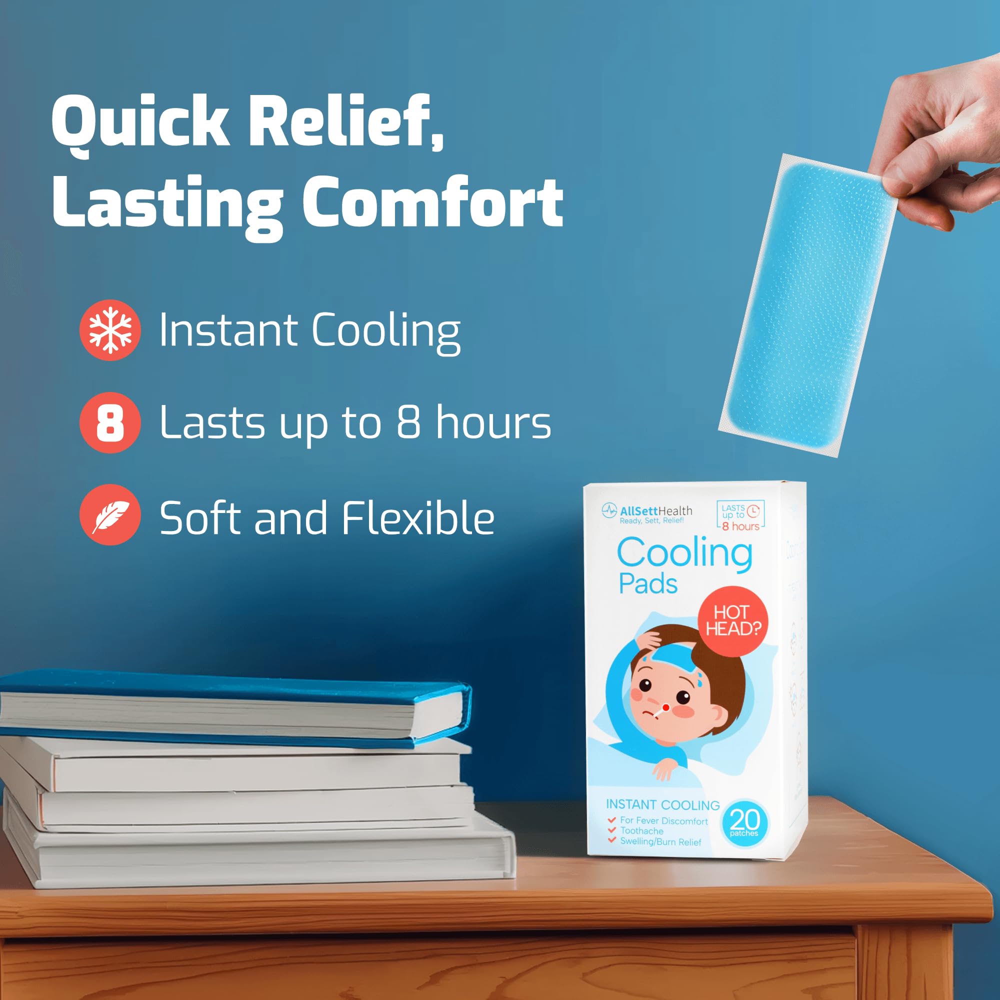 AllSett Health Cooling Patches for Kids – 20 Pack Minty Cold Fever Patches (Blue)