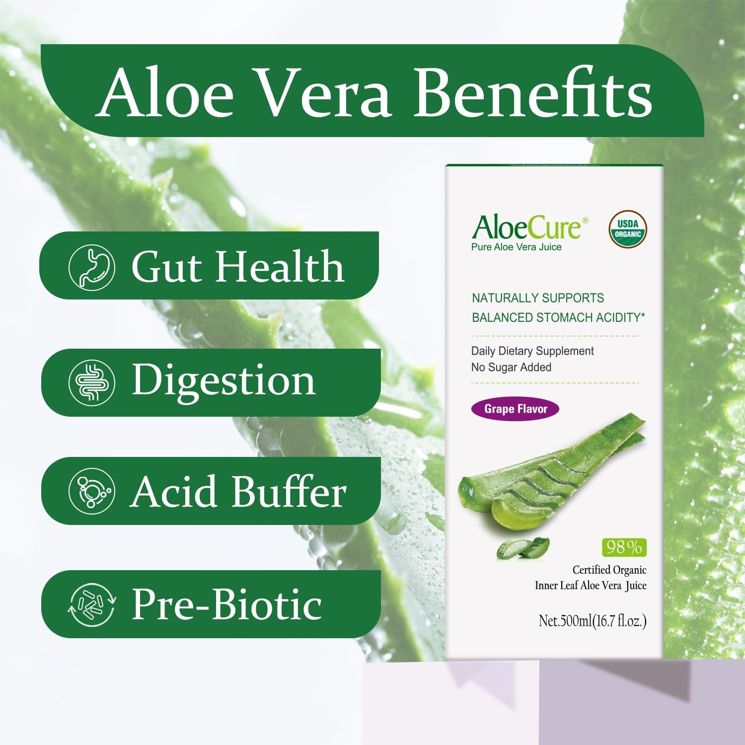 AloeCure USDA Organic Aloe Vera Juice - Grape Flavor, 16.7oz