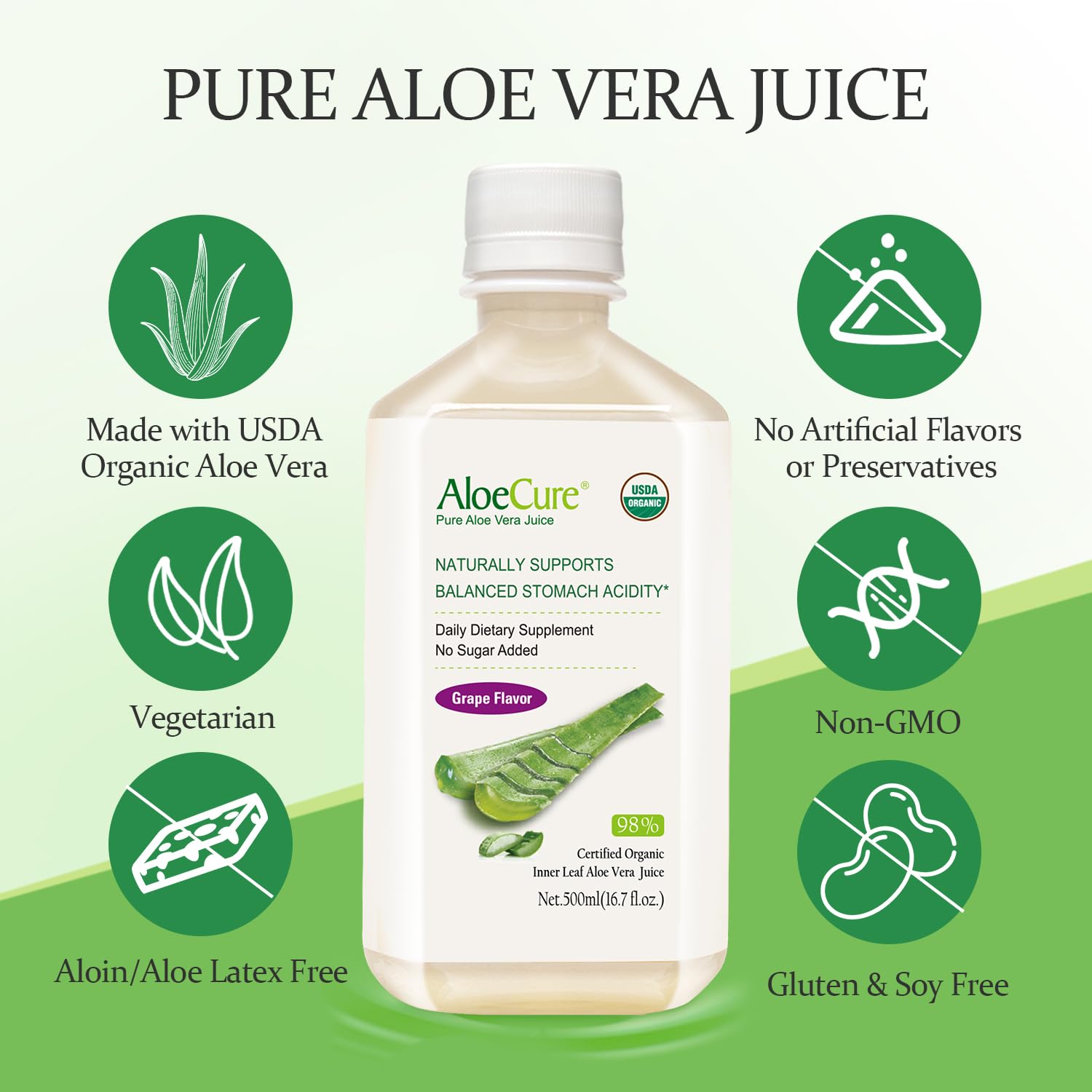 AloeCure USDA Organic Aloe Vera Juice – Grape Flavor, 16.7oz x 2 Bottles | Digestive & Immune Support