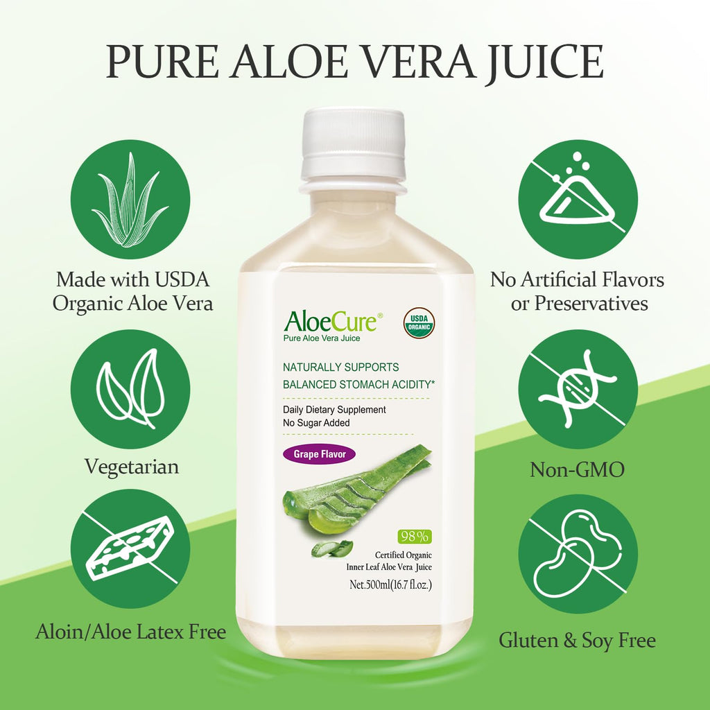 AloeCure USDA Organic Aloe Vera Juice – Grape Flavor, 16.7oz x 2 Bottles | Digestive & Immune Support