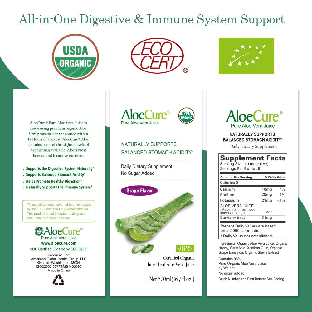 AloeCure USDA Organic Aloe Vera Juice – Grape Flavor, 16.7oz x 2 Bottles | Digestive & Immune Support