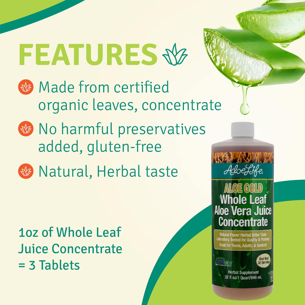 Aloe Life Whole Leaf Aloe Vera Juice — Organic & Gluten-Free (Aloe Gold, 32 oz)