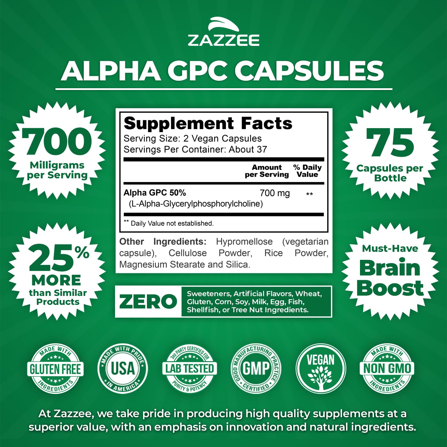 Zazzee Alpha GPC Choline 700 mg - 75 Vegan Capsules | Pharmaceutical Grade