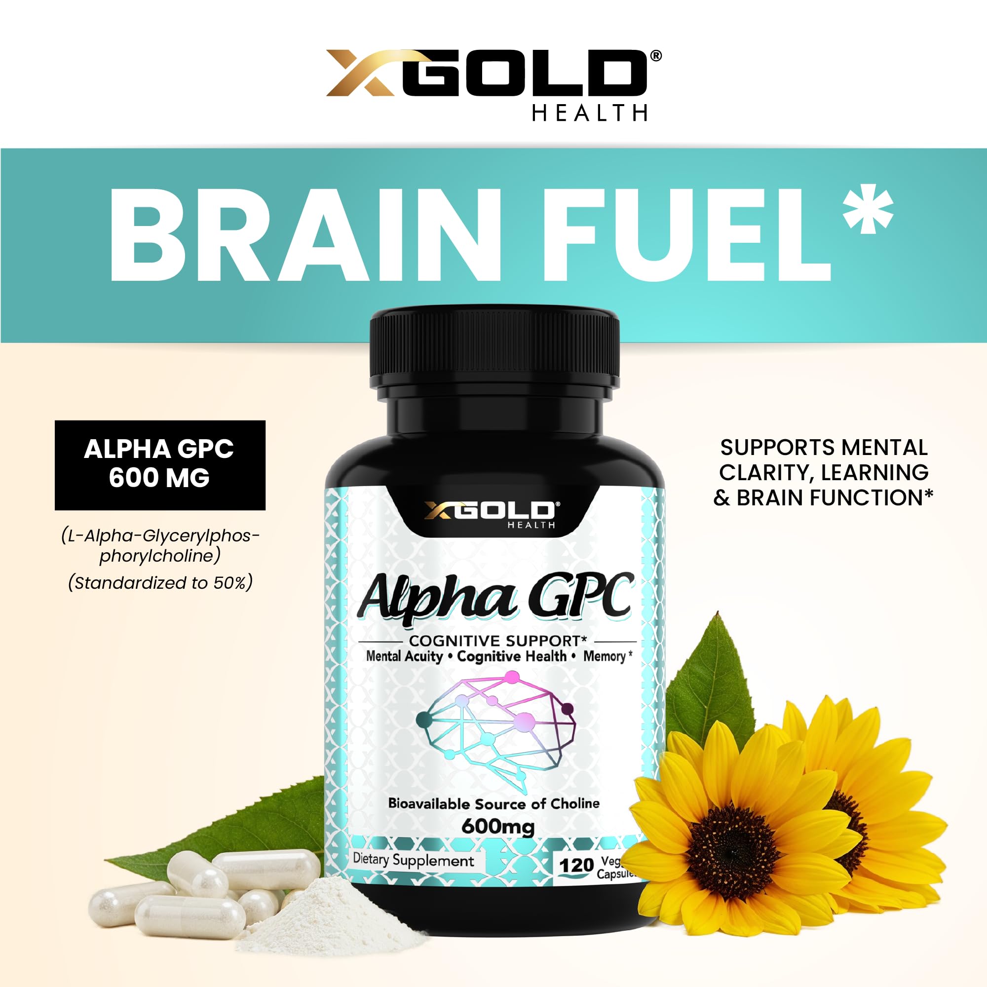 Alpha GPC Choline 600mg - Nootropic Brain Health & Focus, 120 Veggie Capsules