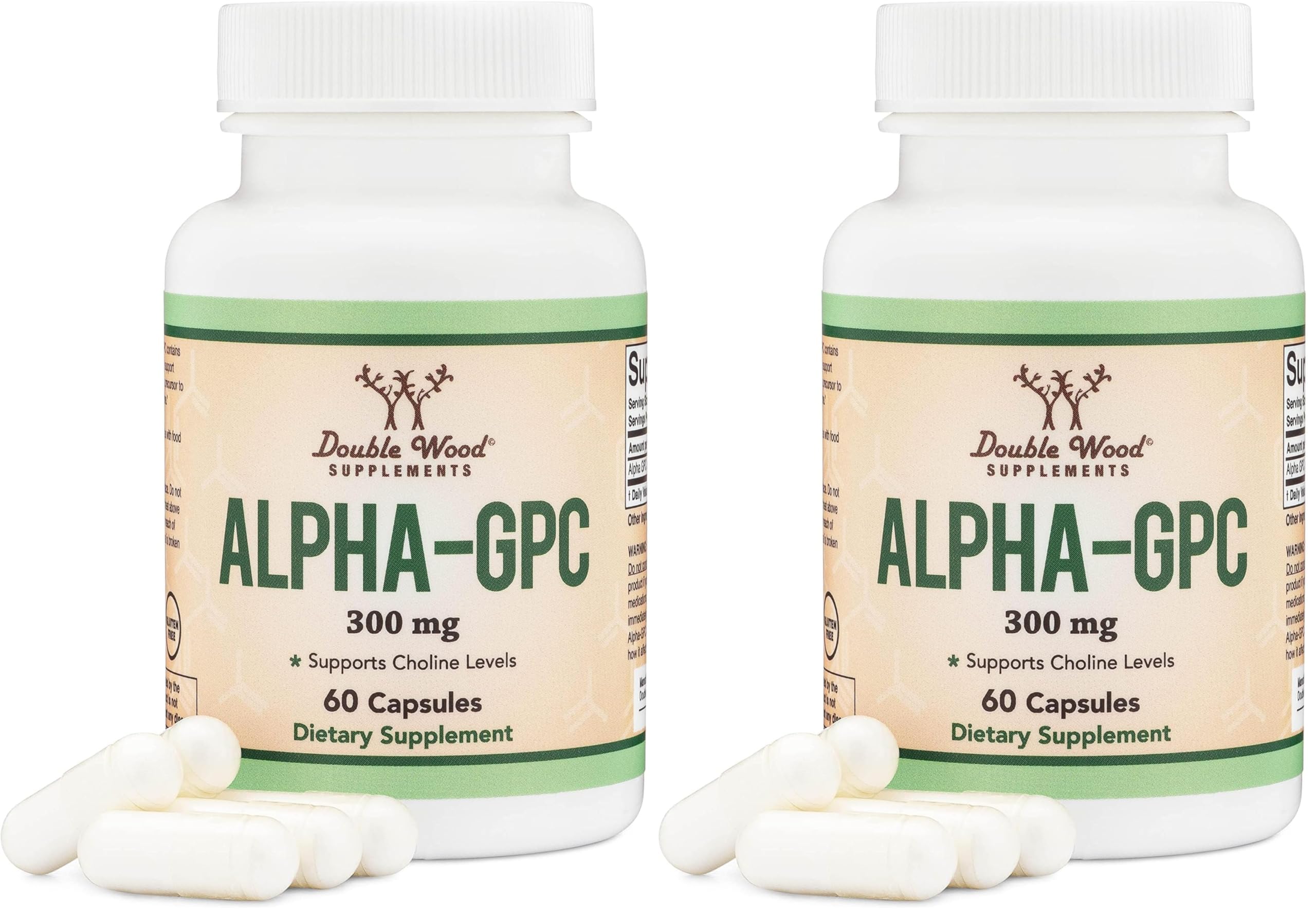 Double Wood Alpha GPC Choline Brain Supplement – 60 Count, 600 mg – Memory, Focus & Brain Support (USA Made) Pack of 2