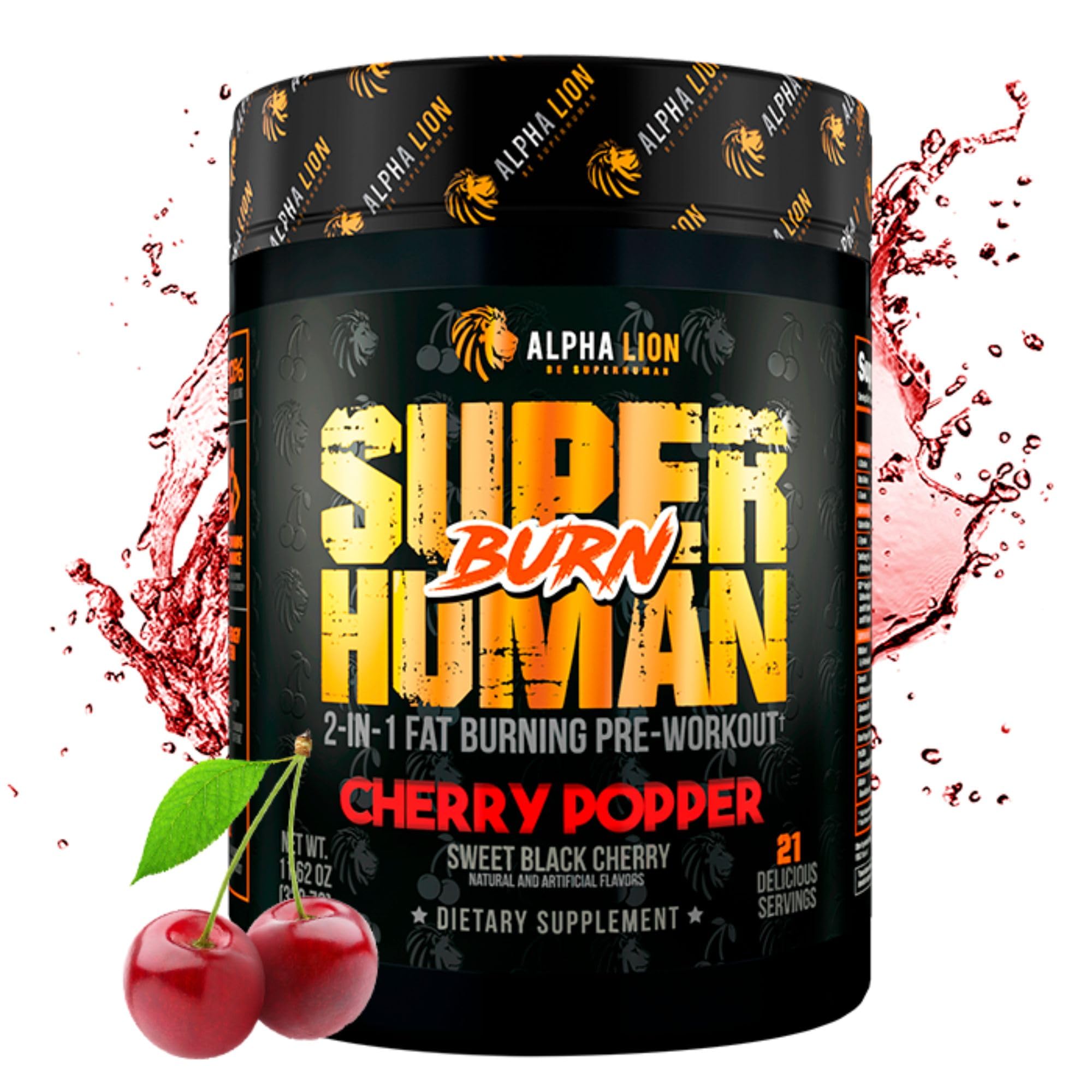 ALPHA LION Superhuman Burn – 2-in-1 Metabolism Booster Pre Workout & Thermogenic Fat Burner for Men | 21 Servings | Sweet Black Cherry