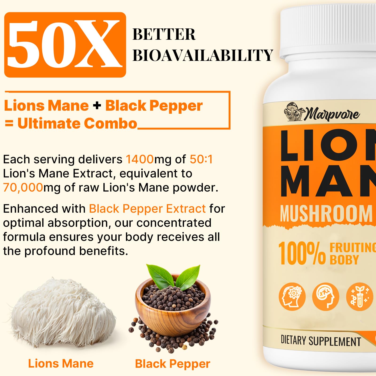 50X Strength Lions Mane 1400mg | Memory & Focus Brain Supplement - 60 Capsules