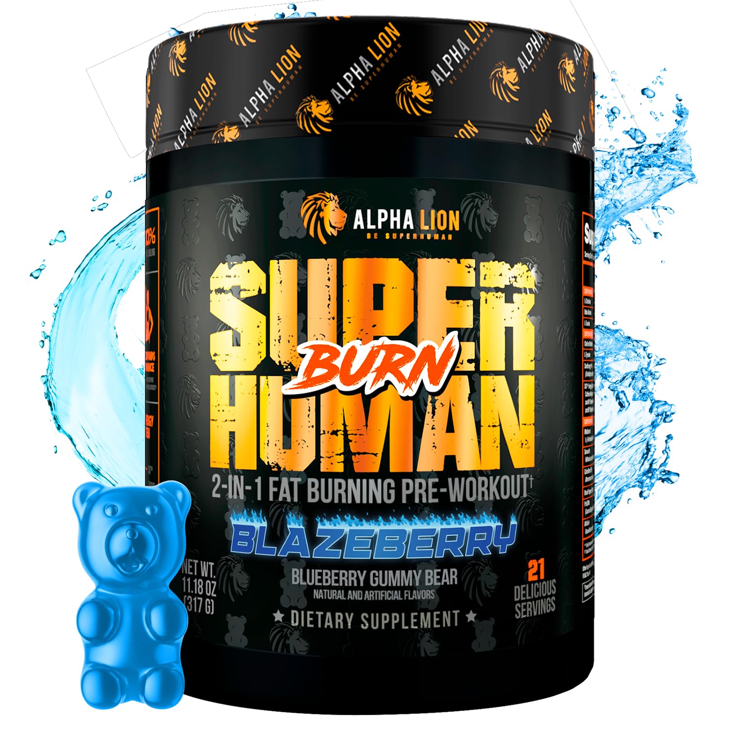 ALPHA LION Superhuman Burn – 2-in-1 Pre Workout & Fat Burner (Blue Gummy Bear)