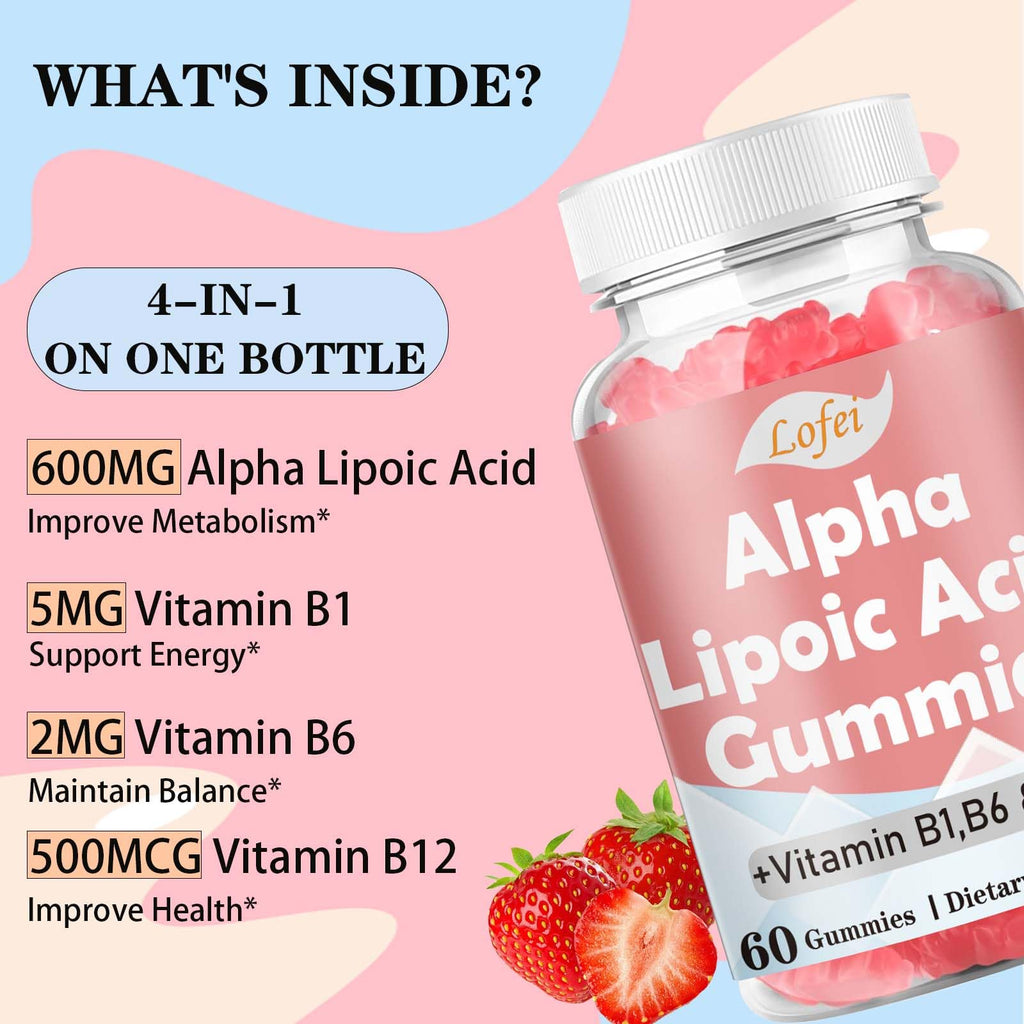Alpha Lipoic Acid Gummies 600mg with Vitamin B1 B6 & B12 – Sugar Free, Vegan, Gluten-Free, Non-GMO | Raspberry Flavor, 60 Gummies
