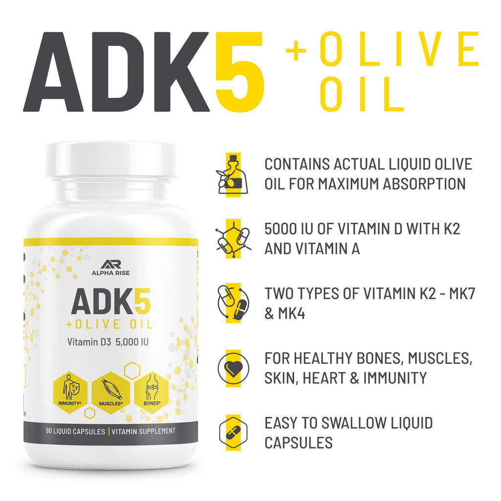 ALPHA RISE ADK Vitamin Supplement + Olive Oil for Better Absorption | ADK 5 Supplement with Vitamin A D and K | 5000 iu of Vitamin D3 + K2 (MK7+MK4) | 90 Liquid Capsules | Vegetarian | Non-GMO