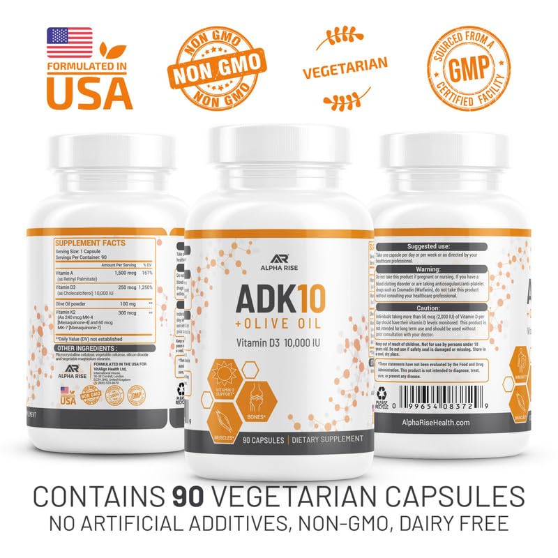 ALPHA RISE ADK10 Vitamin with Olive Oil – D3 10,000 IU, A, K2 MK7/MK4 – 90 Veg Capsules