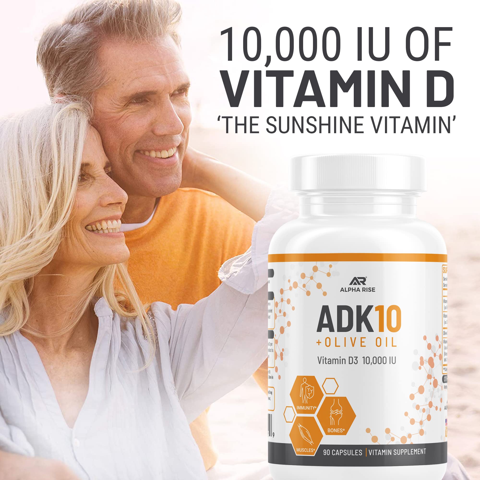 ALPHA RISE ADK10 Vitamin with Olive Oil – D3 10,000 IU, A, K2 MK7/MK4 – 90 Veg Capsules