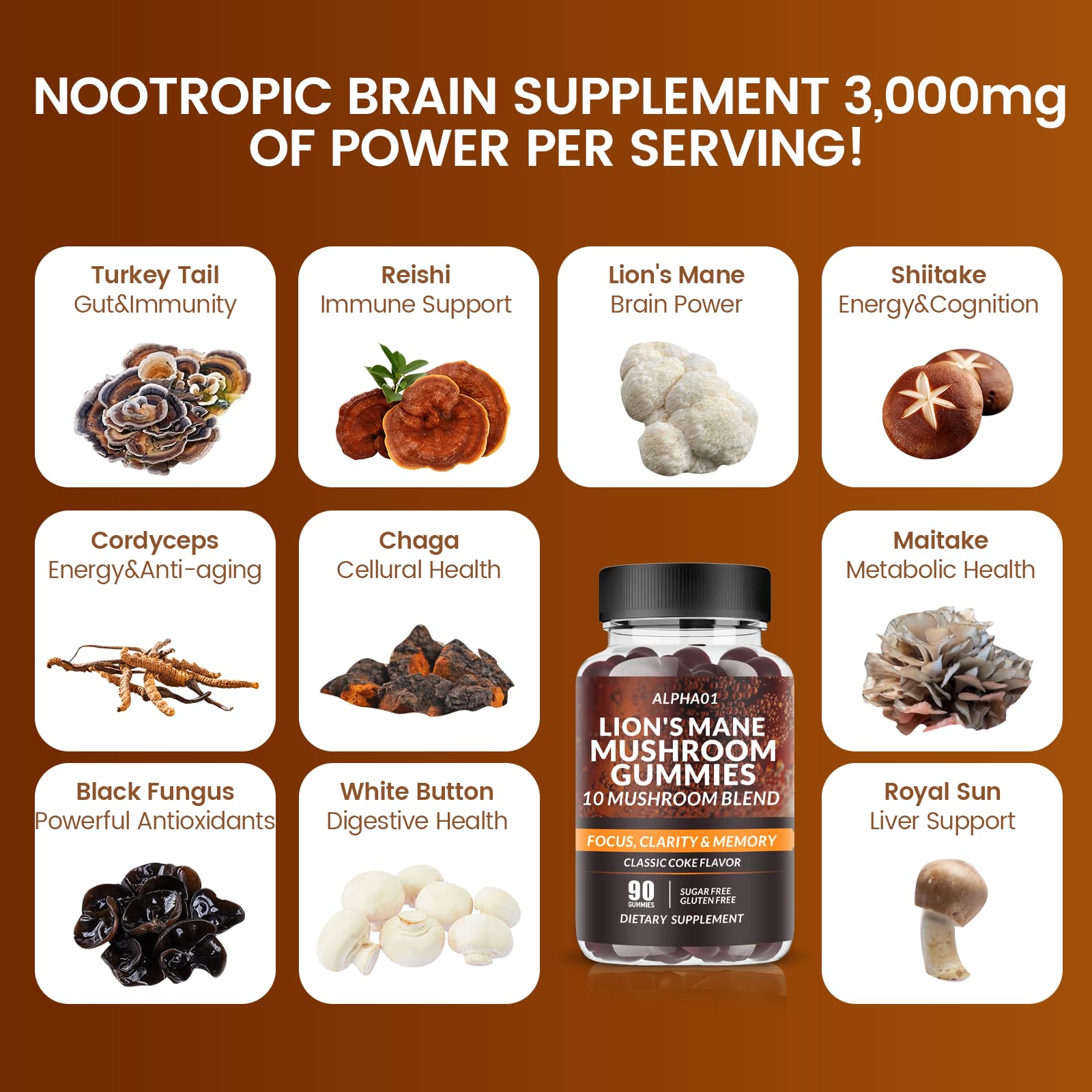 ALPHA01 Mushroom Gummies - 10x Mushroom Complex with Ashwagandha & Lion's Mane | Nootropic Brain Support, Immune Health & Stress Relief (90 CT) Classic Coke