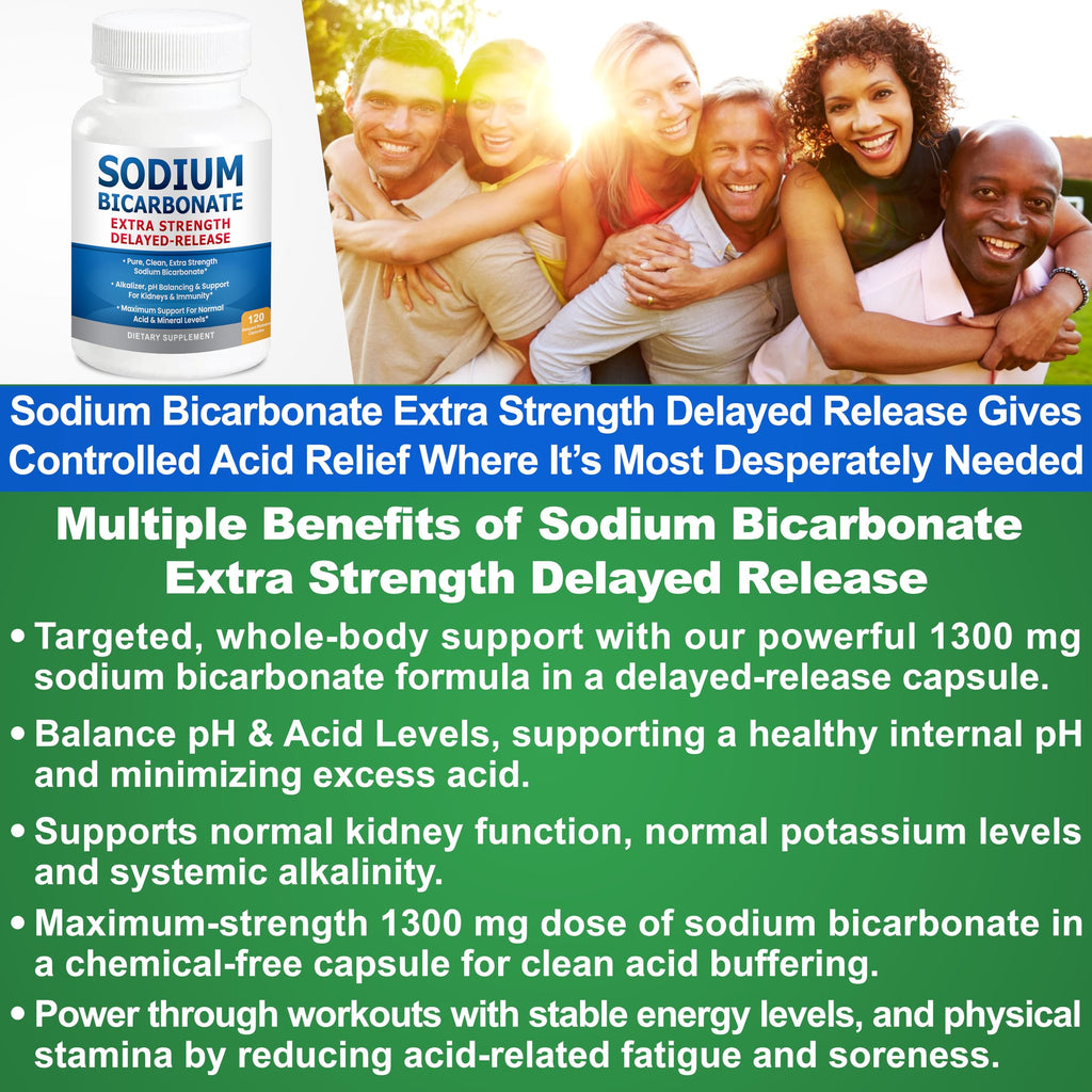 Sodium Bicarbonate Capsules 1300mg Extra Strength | Organic Use, Aluminum-Free, Delayed-Release