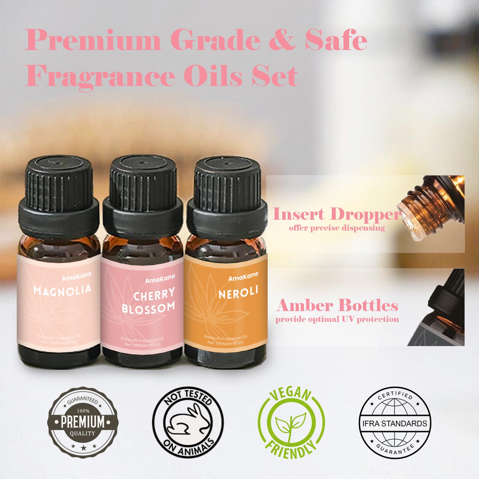 AmaKane Floral Fragrance Oils – 6x10ml Rose, Jasmine, Chamomile, Neroli, Magnolia & Cherry Blossom | Diffuser & DIY Scents