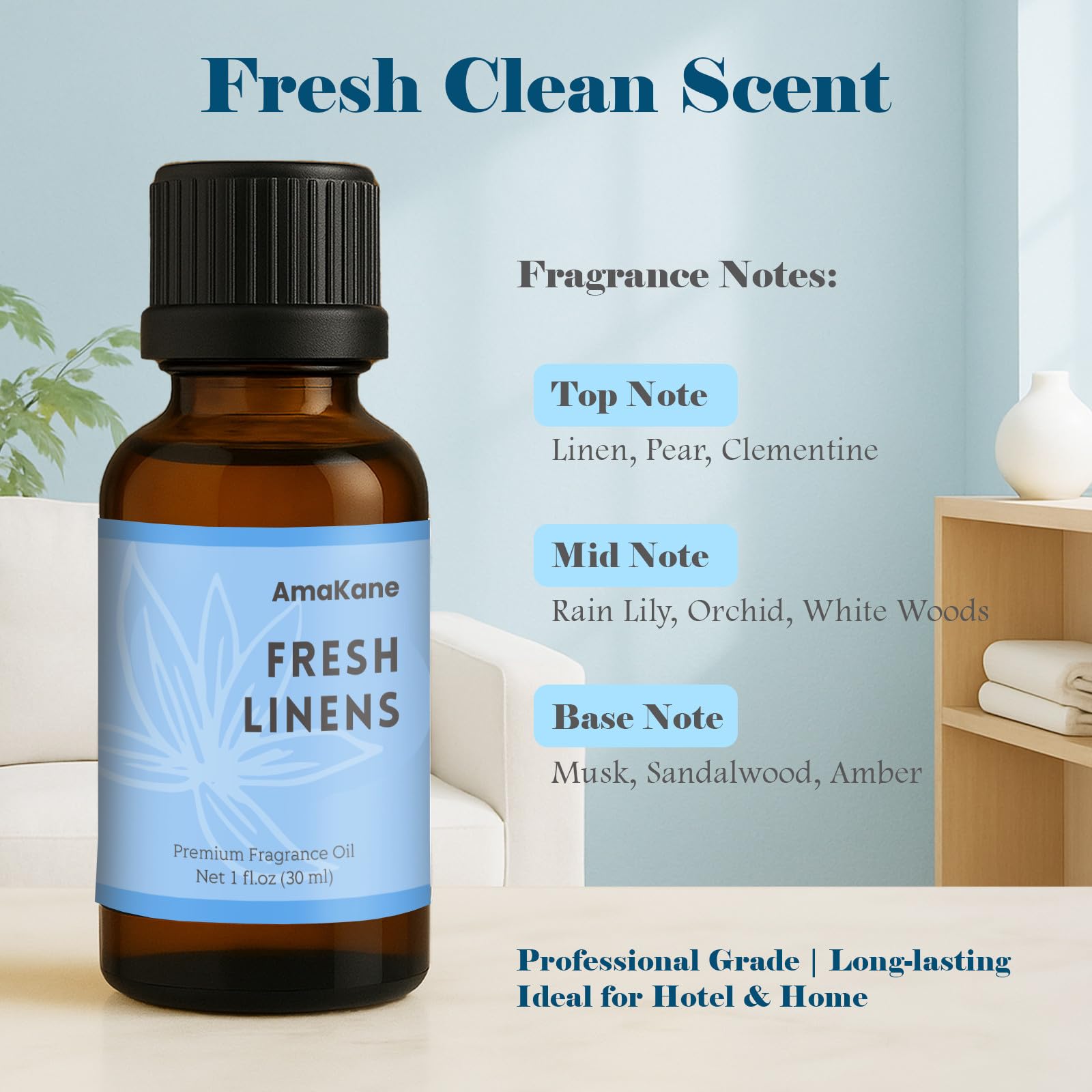 AmaKane Fresh Linens Fragrance Oil 30ml – Clean Diffuser Oil for Home, Candle & Soap Making
