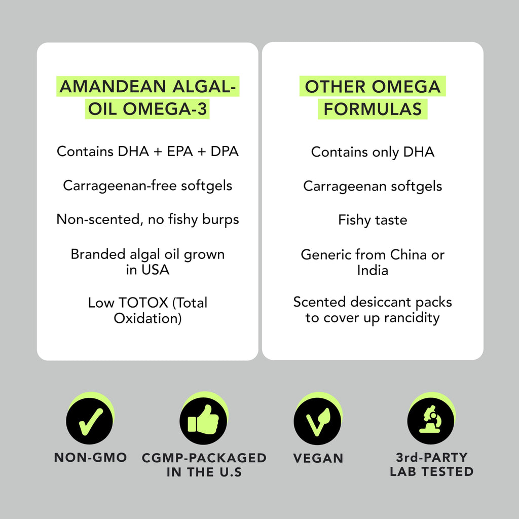 AMANDEAN Vegan Omega-3 Supplement – Algae DHA & EPA, Carrageenan-Free (120ct)