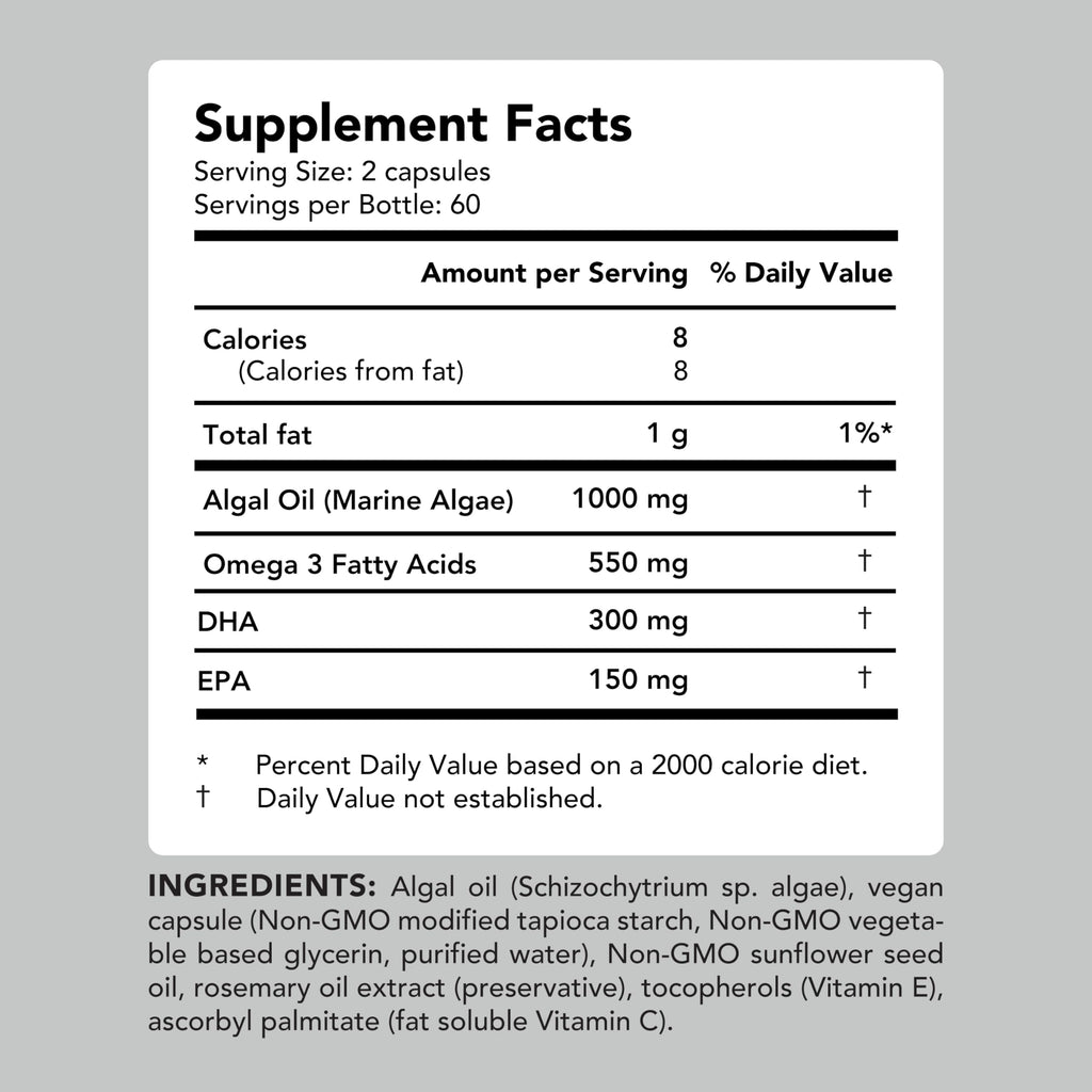 AMANDEAN Vegan Omega-3 Supplement – Algae DHA & EPA, Carrageenan-Free (120ct)