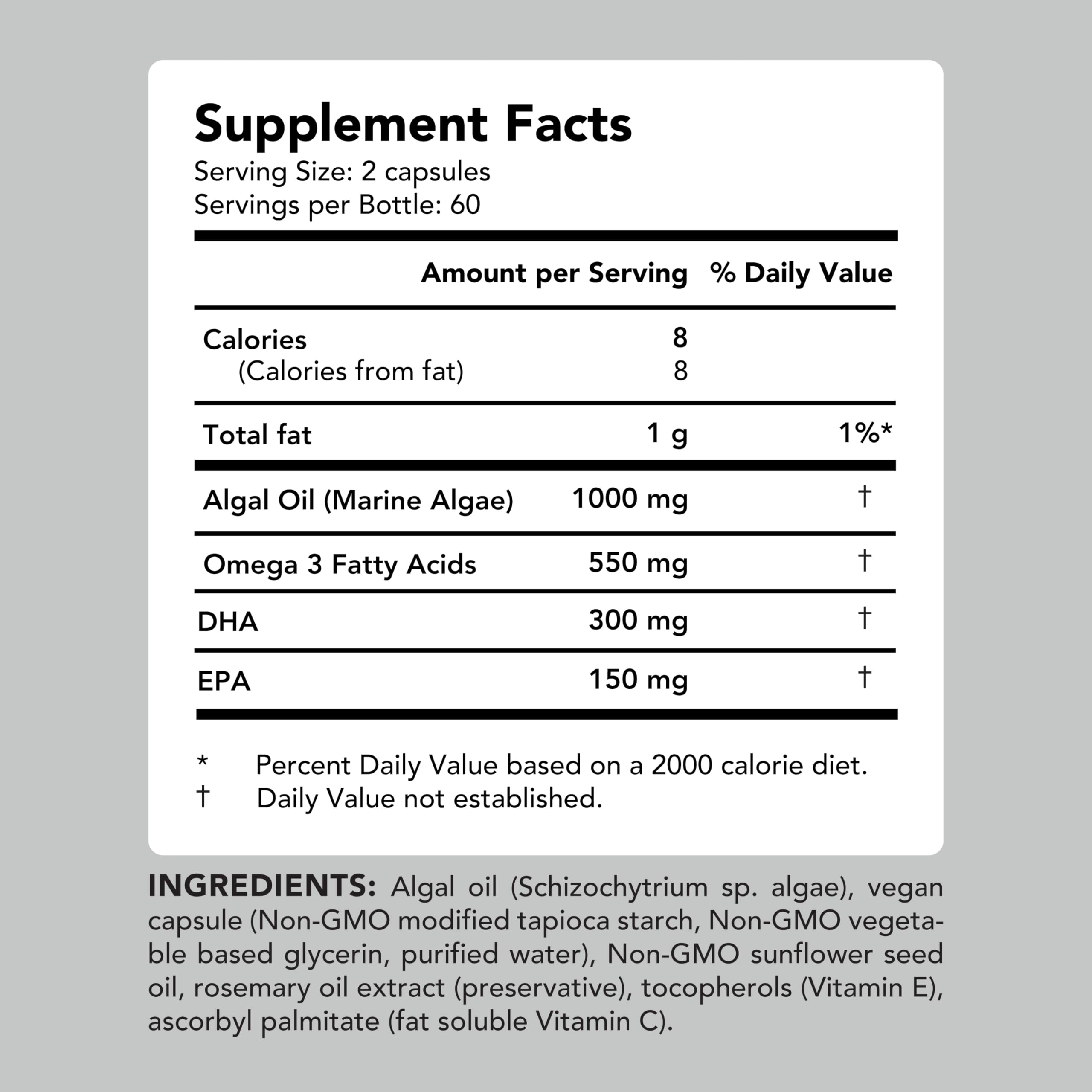 AMANDEAN Vegan Omega-3 Supplement – Algae DHA & EPA, Carrageenan-Free (120ct)