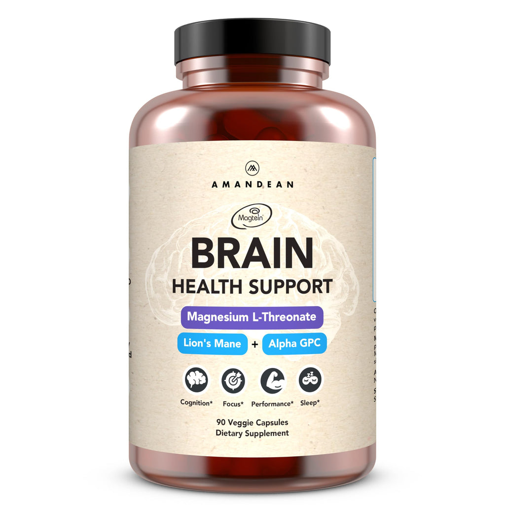 AMANDEAN Brain Supplement | Nootropic for Memory, Focus & Clarity | Magtein, Lion's Mane, Alpha GPC | 90 Veggie Capsules