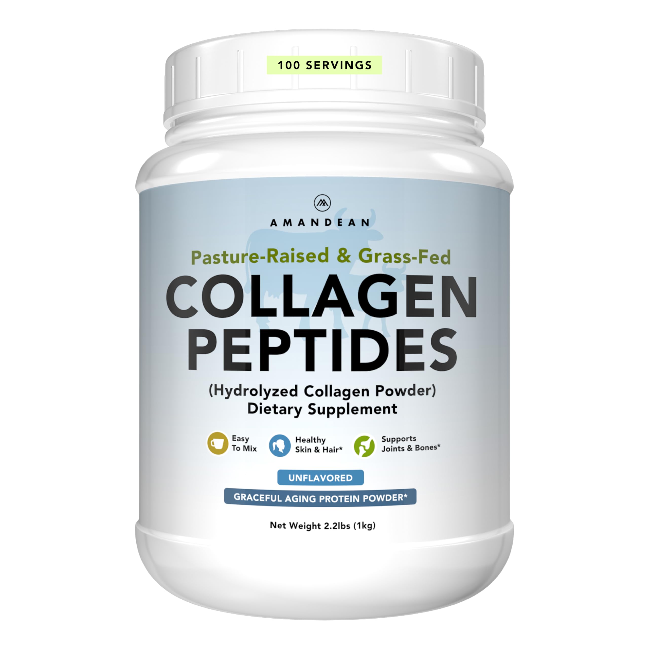 AMANDEAN Collagen Peptides Powder 1kg – Grass-Fed, Enzymatically Hydrolyzed Type 1 & 3, Unflavored, Non-GMO