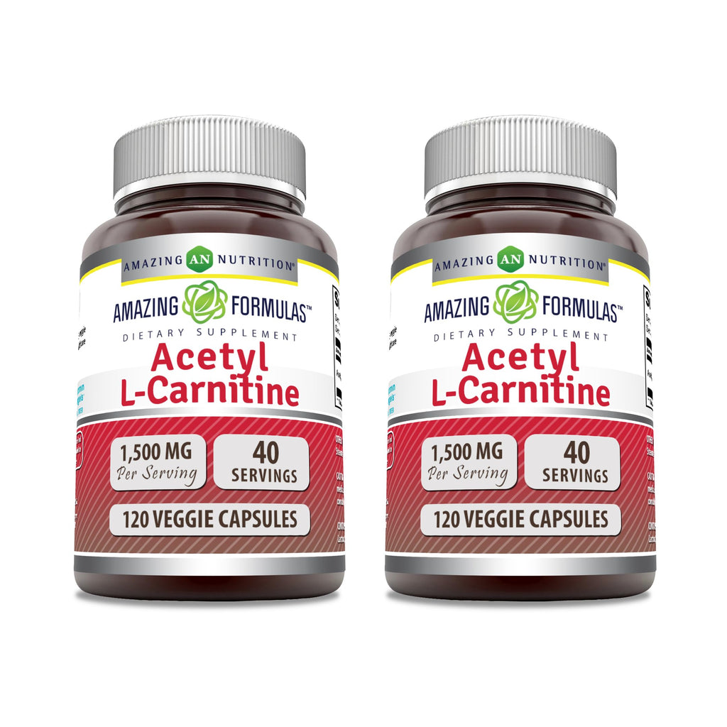 Amazing Formulas Acetyl L-Carnitine HCl 1500 mg Veggie Capsules – Non-GMO, Gluten Free, Made in USA | Vegetarian | Pack of 2 (120 Count)