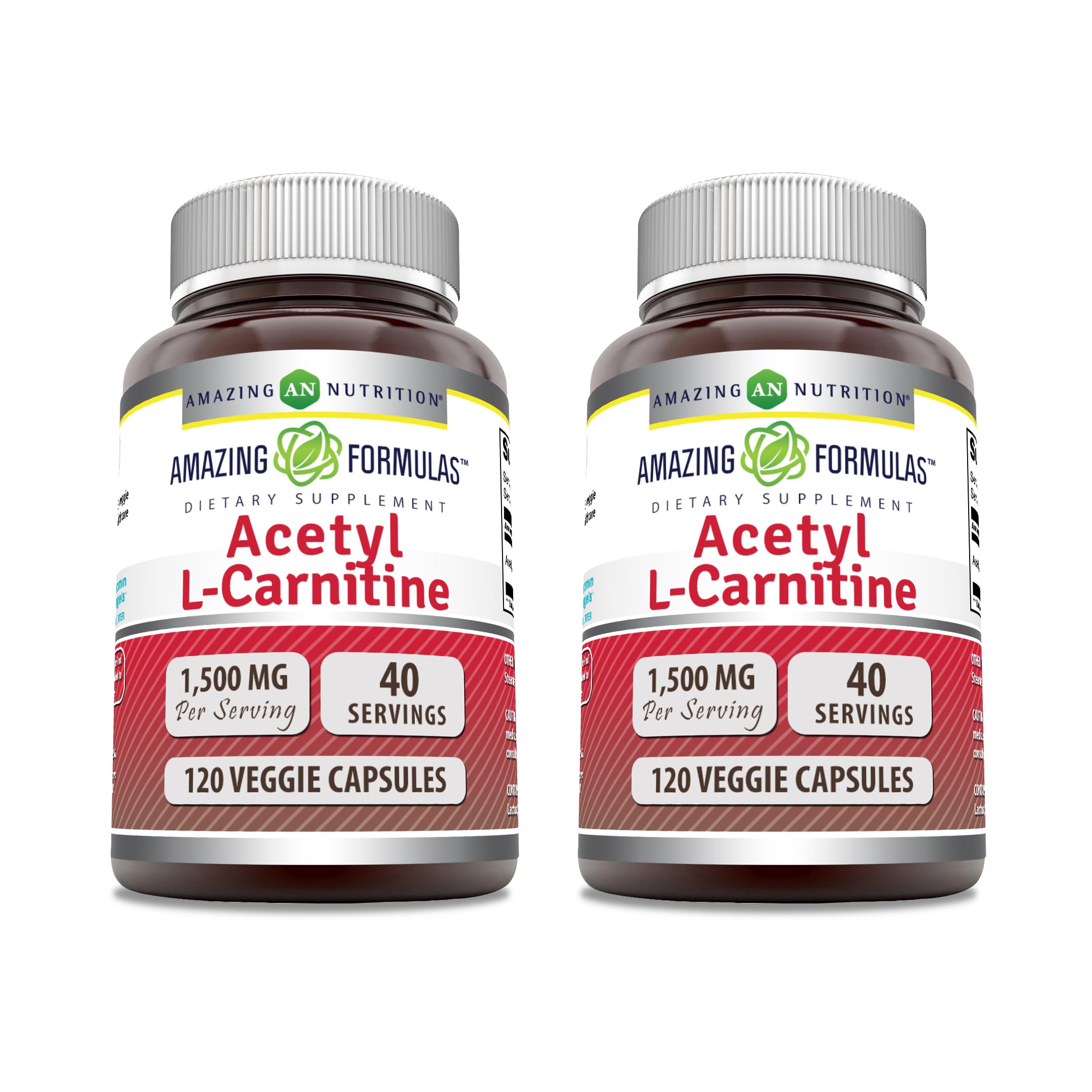Amazing Formulas Acetyl L-Carnitine HCl 1500 mg Veggie Capsules – Non-GMO, Gluten Free, Made in USA | Vegetarian | Pack of 2 (120 Count)