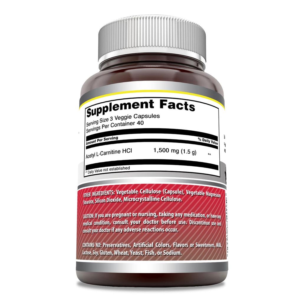 Amazing Formulas Acetyl L-Carnitine HCl 1500 mg Veggie Capsules – Non-GMO, Gluten Free, Made in USA | Vegetarian | Pack of 2 (120 Count)