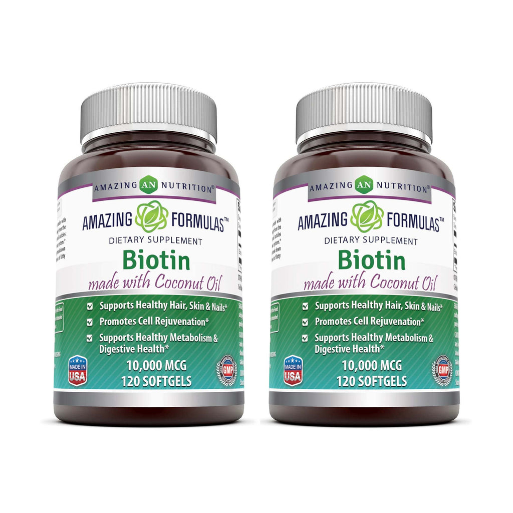 Amazing Formulas Biotin 10,000 mcg with Coconut Oil – Softgels, Non-GMO, Gluten-Free, Made in USA (2 Pack, 120 Count)