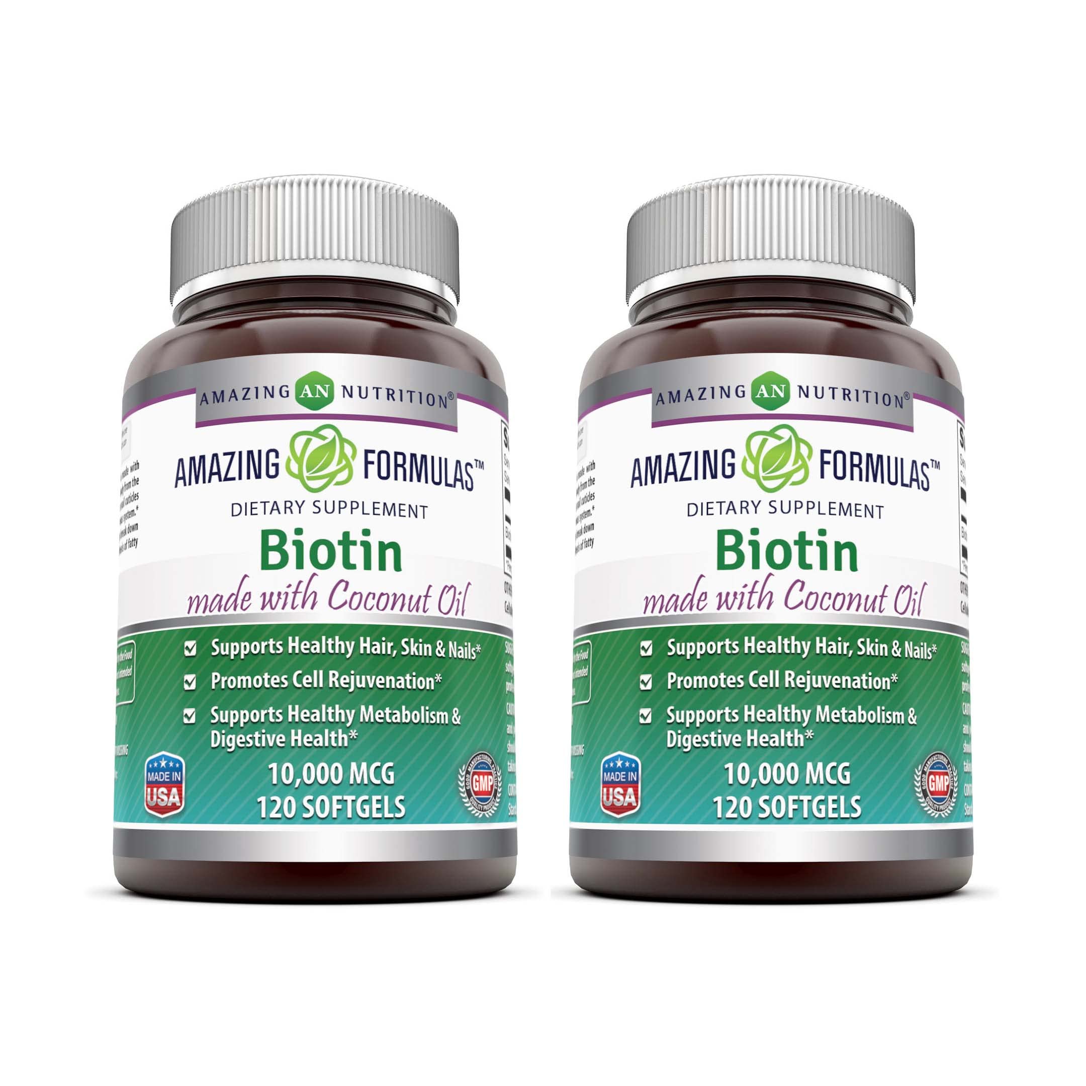 Amazing Formulas Biotin 10,000 mcg with Coconut Oil – Softgels, Non-GMO, Gluten-Free, Made in USA (2 Pack, 120 Count)