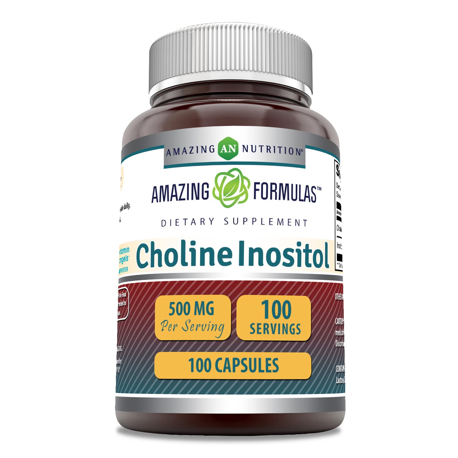 Amazing Formulas Choline & Inositol 500 mg Supplement – Capsules, Non-GMO, Gluten-Free, Made in USA | 1 Pack | 100 Count