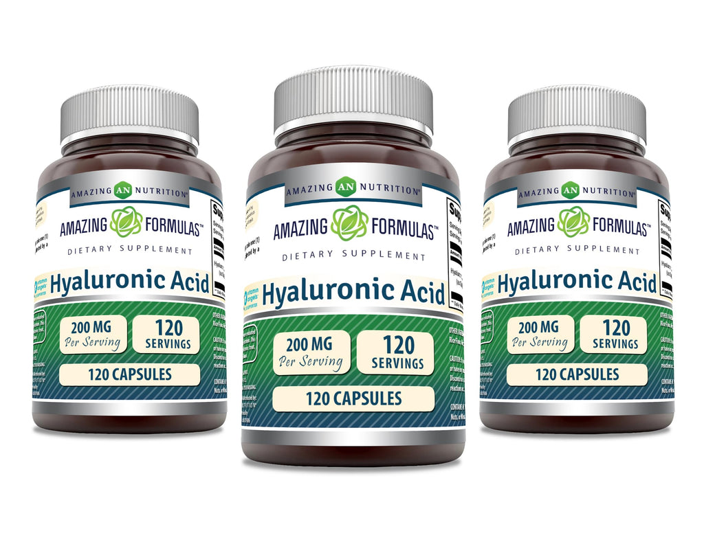 Amazing Formulas Hyaluronic Acid 200 mg Capsules – Non-GMO, Gluten Free, Made in USA | 120 Count (3 Pack) | Amazing Nutrition