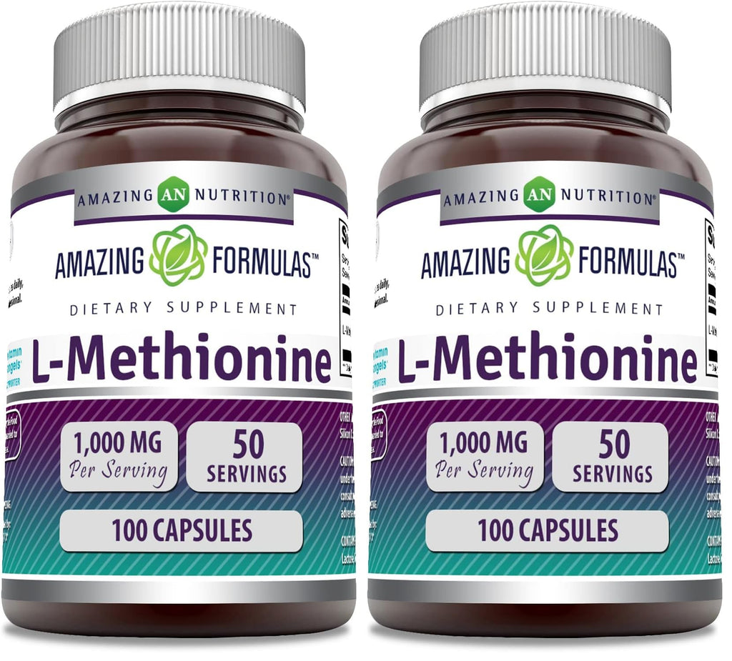 Amazing Formulas L-Methionine 1000 mg - 100 Capsules (Pack of 2) | Non-GMO, Gluten-Free, Made in USA