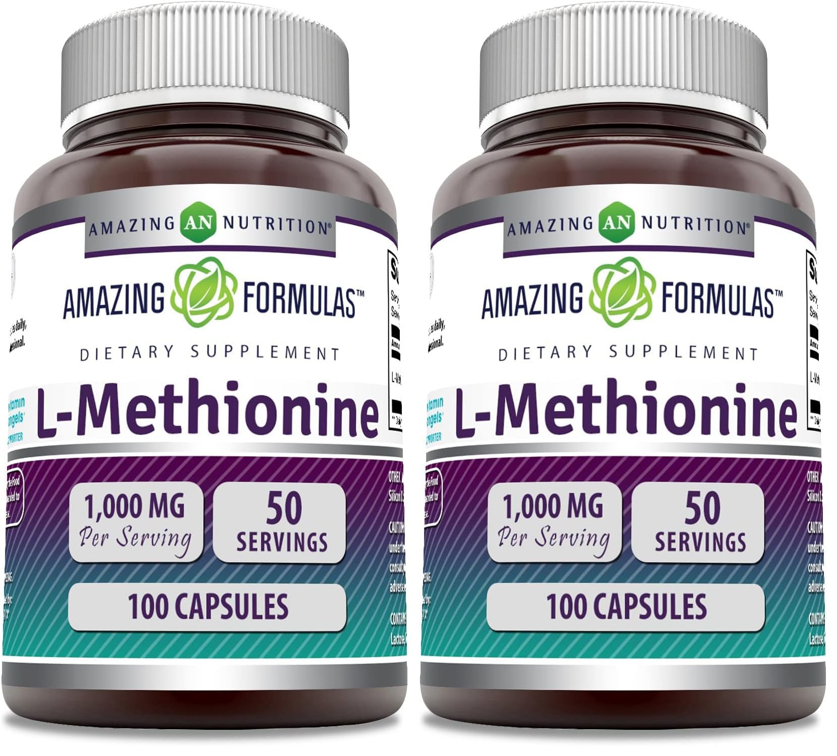 Amazing Formulas L-Methionine 1000 mg - 100 Capsules (Pack of 2) | Non-GMO, Gluten-Free, Made in USA