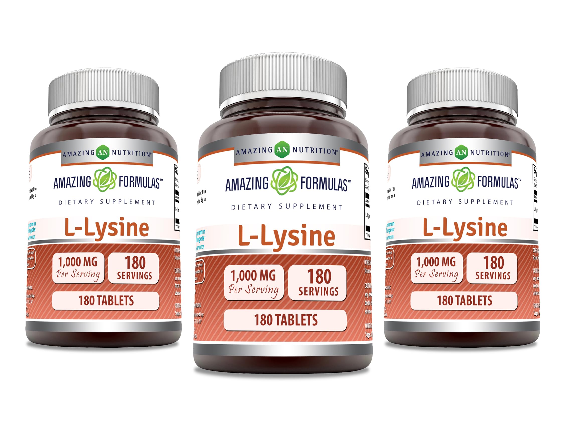 Amazing Formulas L-Lysine 1000mg – Non-GMO, Gluten Free, Made in USA | 180 Tablets per Bottle, 3 Pack