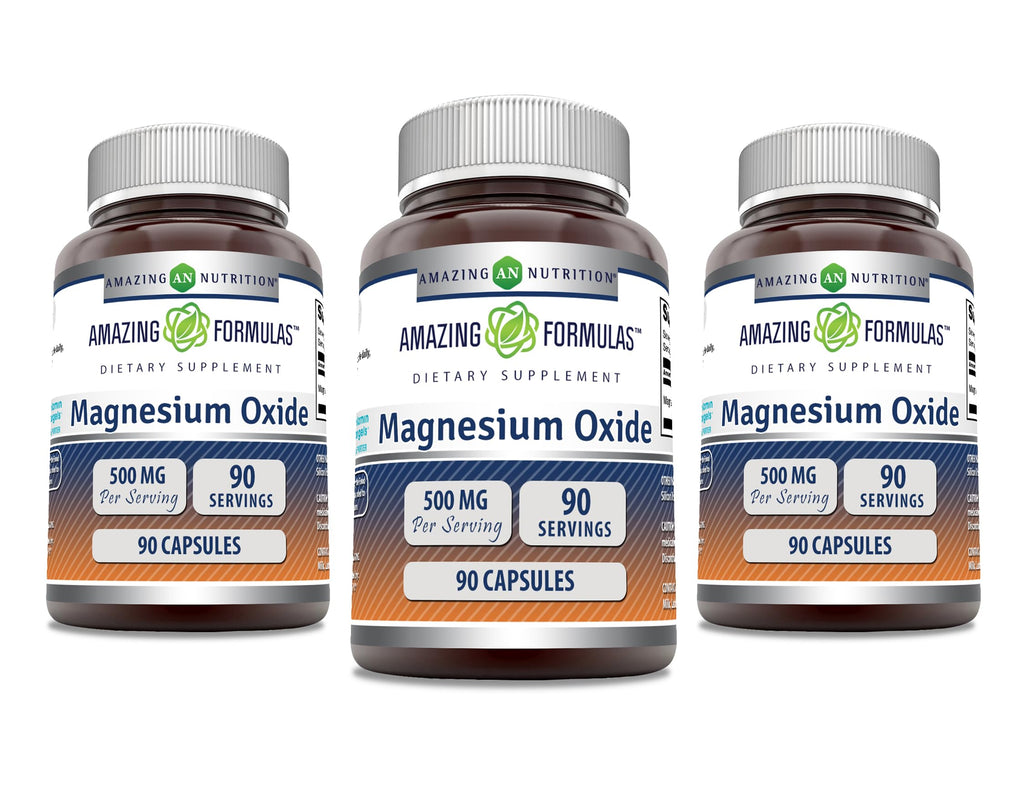 Magnesium Oxide 500 mg Capsules - Amazing Formulas | Non-GMO, Gluten Free, Made in USA (90 Count, 3 Pack)