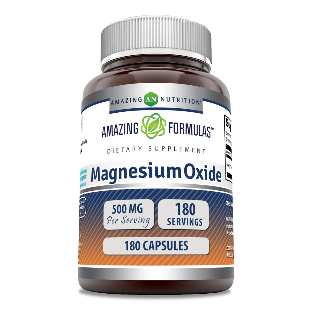 Amazing Formulas Magnesium Oxide 500 mg – 180 Capsules | Non-GMO, Gluten-Free | Made in USA