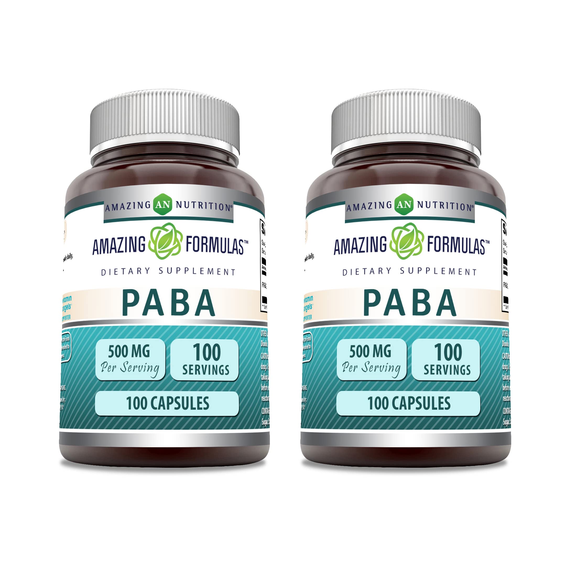 Amazing Formulas PABA Supplement - 500 mg per Serving, 100 Capsules, Non-GMO, Gluten Free, Made in USA (2 Pack)