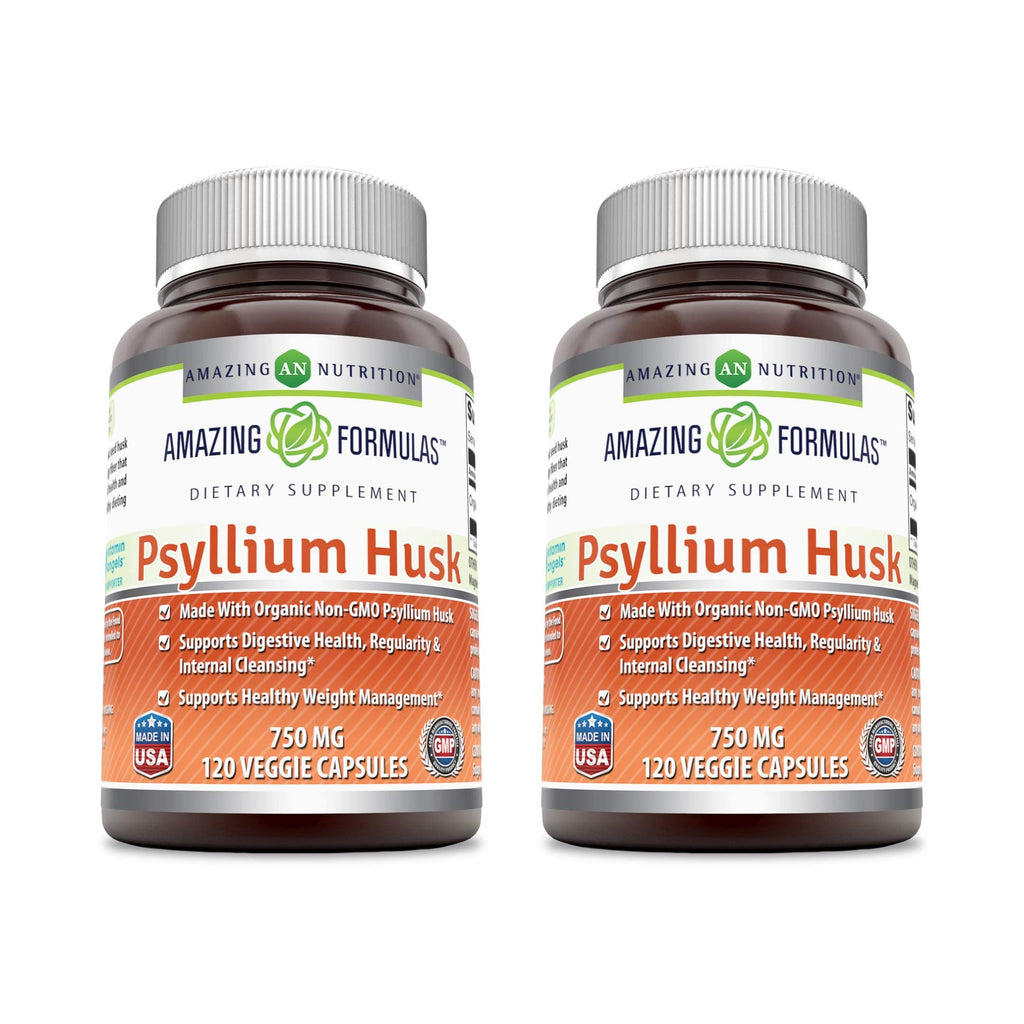 Amazing Formulas Psyllium Husk 750mg - 120 Veggie Capsules | Non-GMO, Gluten Free, Made in USA | 2 Pack