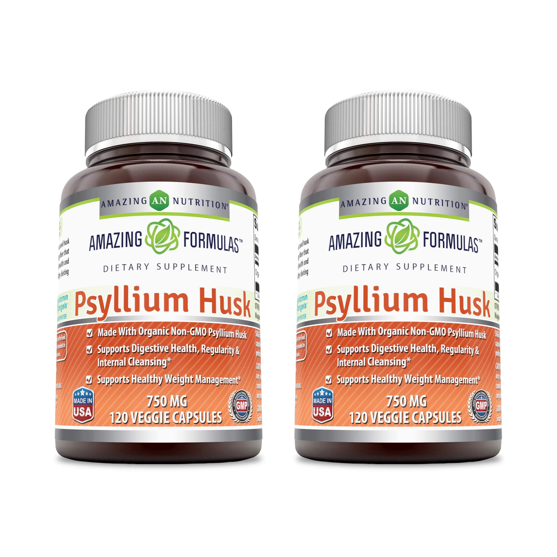 Amazing Formulas Psyllium Husk 750mg - 120 Veggie Capsules | Non-GMO, Gluten Free, Made in USA | 2 Pack