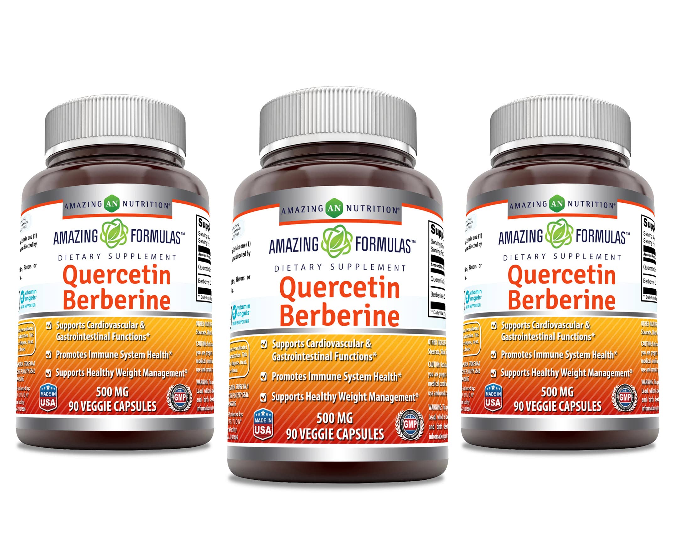Amazing Formulas Quercetin Berberine - Veggie Capsule Supplement | 250 mg Berberine & 250 mg Quercetin | Non-GMO | Gluten Free | Made in USA | 90 Capsules (3 Pack)