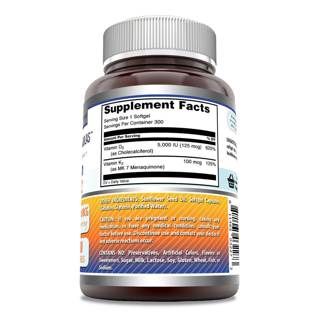 Amazing Formulas Vitamin D3 5000 IU + K2 100 mcg Softgels | D3/K2 Complex
