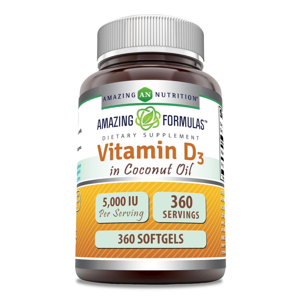 Amazing Formulas Vitamin D3 5000 IU in Coconut Oil – 360 Softgels – Non-GMO, Gluten-Free, Made in USA