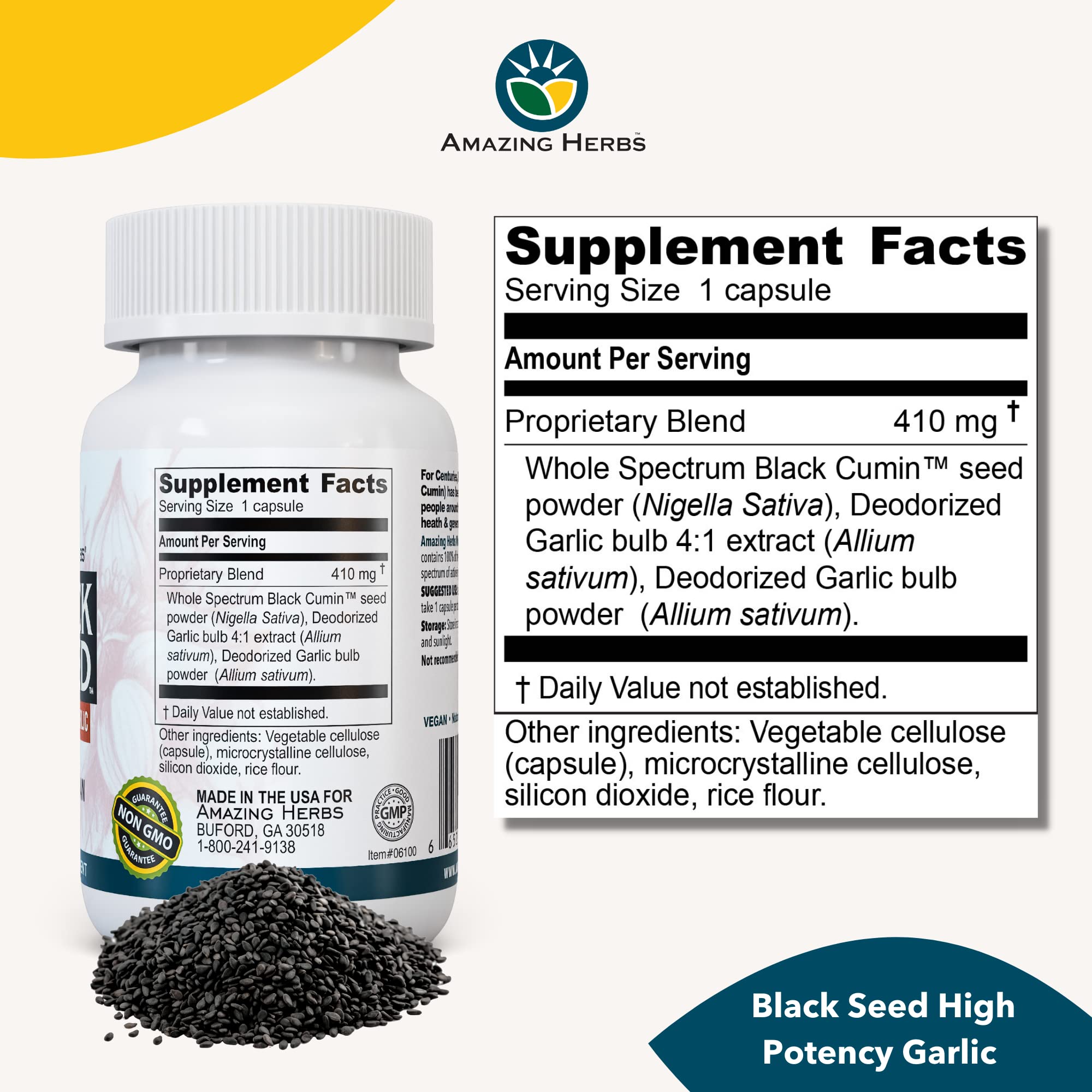 Amazing Herbs Whole Spectrum Black Seed & High Potency Garlic – 100 Count | Gluten-Free, Non-GMO, Vegan