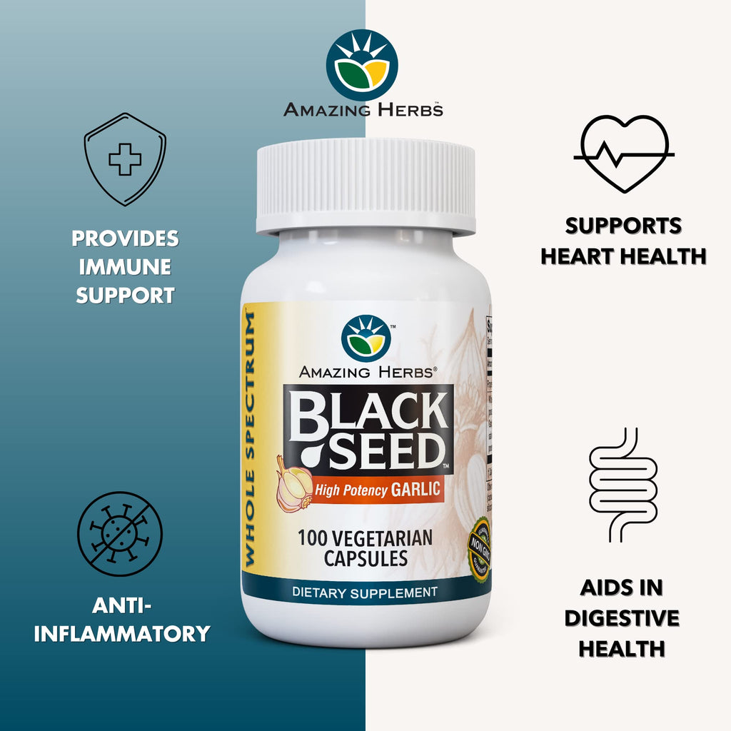 Amazing Herbs Whole Spectrum Black Seed & High Potency Garlic – 100 Count | Gluten-Free, Non-GMO, Vegan