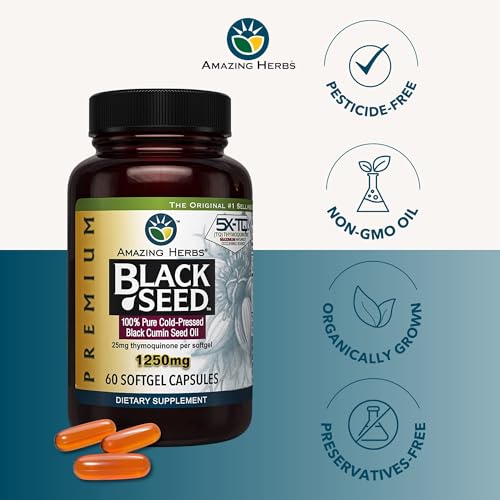 Amazing Herbs Premium Black Seed Oil Capsules – High Potency 1250mg, 60 Count | Immune Support & Digestive Health